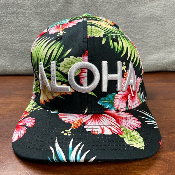 ALOHA Embroidered Floral Tropical Baseball Hat Cap Black Pink Green Blue Hawaii - Picture 1 of 13
